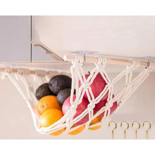 Fruit Vegetable Hanging Hammock Stable Punch-free Cotton Rope Weaving Breathable Hanging Vegetable Holder Basket for Kitchen