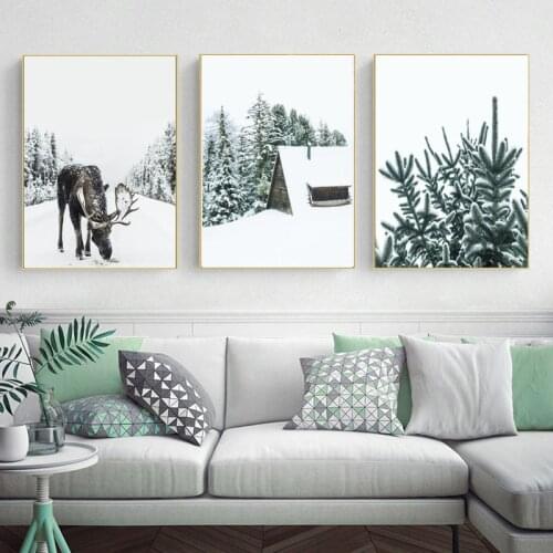 Nordic Style Moose Posters and Prints Winter Animal Snow Wall Art Forest Canvas Paintingwall Picture for Living Room Home Decor