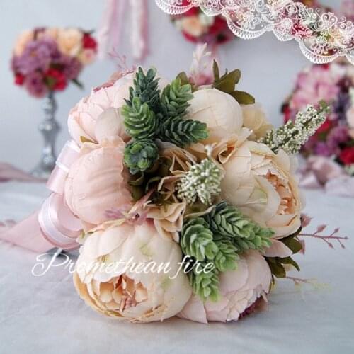 Pink Wedding Flower Bouquet Artificial Silk Peony Champagne Bouquet Flower Bridal Bridesmaids Wedding Bouquets PH052