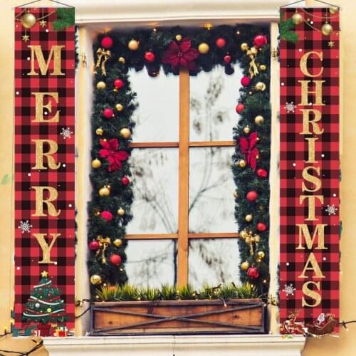 High Quality Merry Happy Christmas Door Window Couplet Hanging Flag 2 Sides Leather Checkered Party Outdoor Decoration A pair