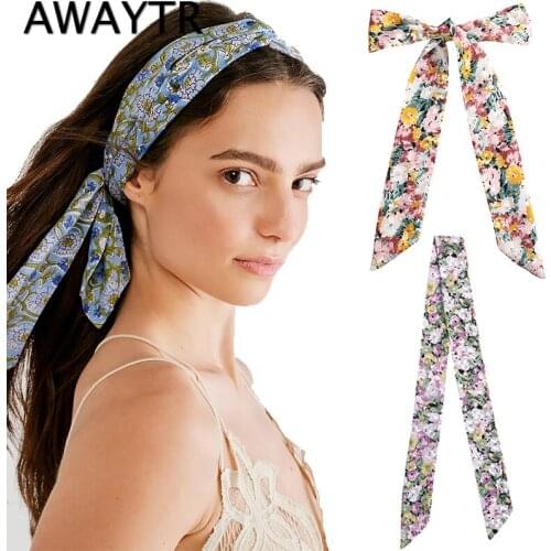 AWAYTR Printed Ribbon Bow Hair Band Knot 120CM Long Scrunchie Ribbon Headband Fashion Floral New Scarves Women Hair Accessories
