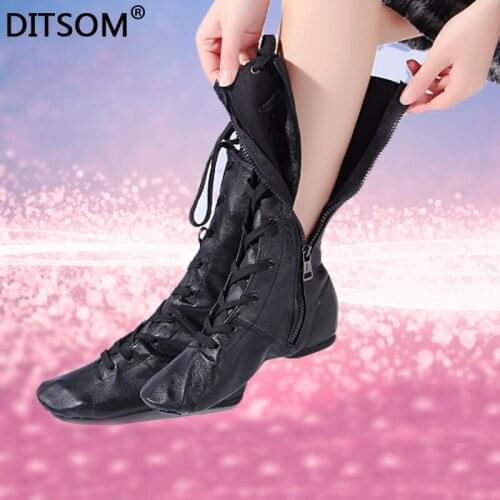 Genuine Leather High Dance Boots For Women Side Zip Ballet Yoga Fitness Jazz Dancing Shoes Students Stage Performance Shoe Girls