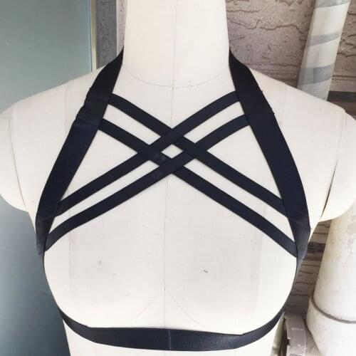 Women Sexy Lingerie Elastic Black BODY HARNESS CAGE BRA Cross Chest Harness Belt CAGE BRA Neck Around Body Harness Bra