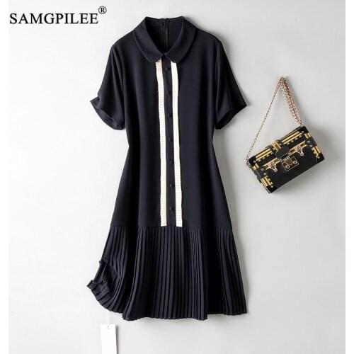 Summer 2021 New French Hepburn Style Dress Peter Pan Collar Hem Pinched Pleated Ruffled A-line Patchwork Women Dresses 4XL