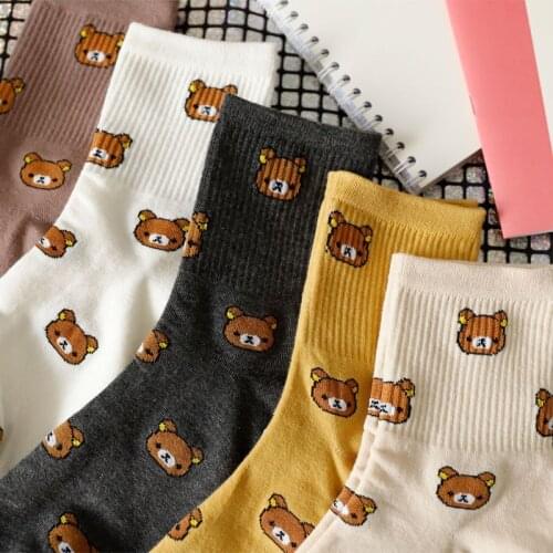 1 Pair of Cute cartoon womens pure Cotton socks cute and Fashionable bear socks five Colors of pure Cotton Female socks