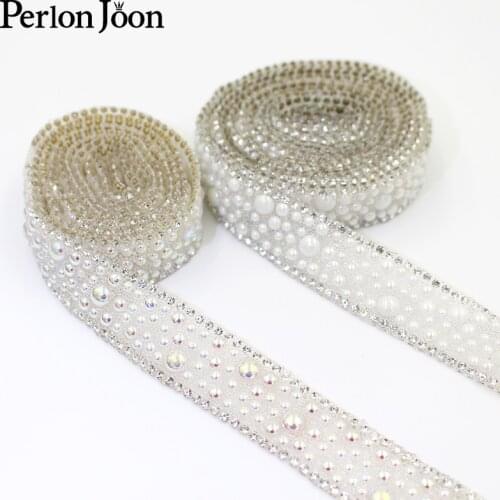 1yards New white AB color pearl decoration rhinestone trim hot fix ribbon bridal wedding shoes decoration accessories TR113