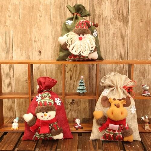 20x28cm Santa Claus Gift Bags High-grade Candy Bags New Year Gift Snowman Elk Drawstring Linen Christmas Bags Party Supplies
