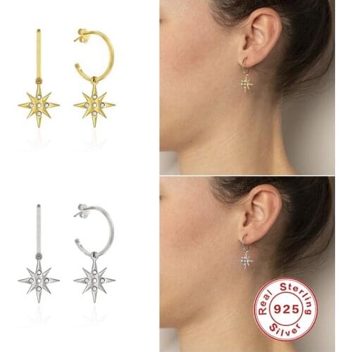 Aide New Stud Earrings For Women 925 Sterling Silver Jewelry Octagonal Star Diamond C-Shaped Earrings Zilveren Oorbellen Zilver