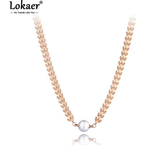 Lokaer Original Design Stainless Steel White Pearl Choker Necklaces For Women Girl Bohemia Leaflet Charm Pendant Necklace N20098