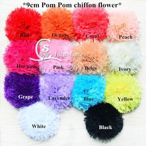 EPacket ! 30 pcs/lot , 9 cm '' Pom Pom frayed chiffon flower for women and girl headwear hair accessories apparel accessories