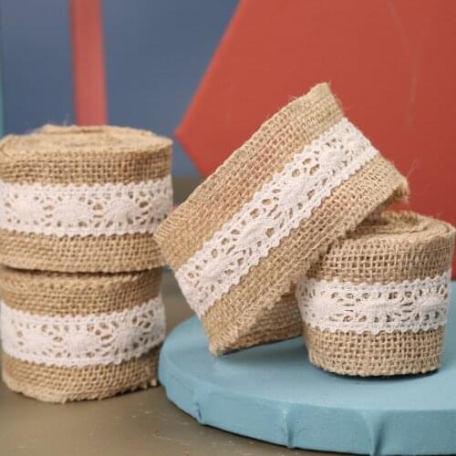 2m 5cm Width Natural Burlap Ribbon Roll with White Lace Trims for Wedding Decoration DIY Craft Home Party Decoration