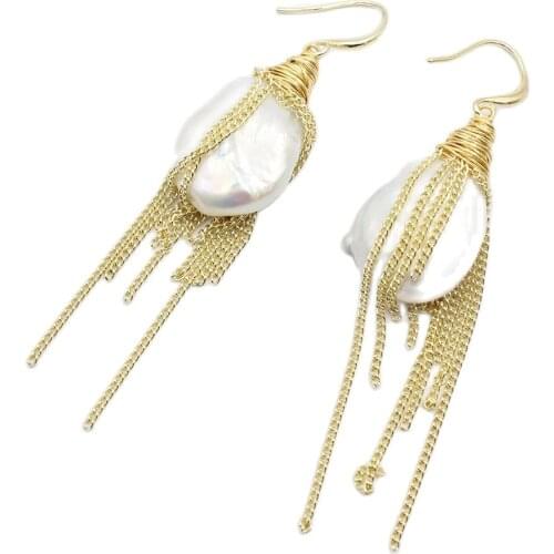 GG Jewelry Natural White Keshi Coin Pearl Egg Gold Color Plated Chain Dangle Hook Earrings Handmade For Women Lady Gifts