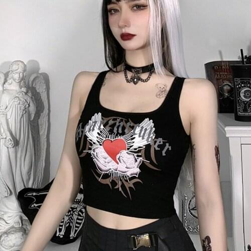 Gothic Love Wings Printed Tank Top Steetwear Y2K U Neck White Ribbed Crop Top Grunge Punk Sleeveless Black Camis