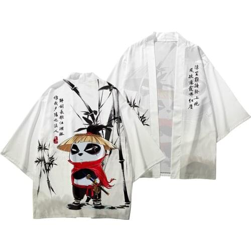 Harajuku Cardigan Chinese Style Kimono Autumn Panda Print Loose Shirt Tops Casual Man White Yukata Kimono Plus Size 6XL