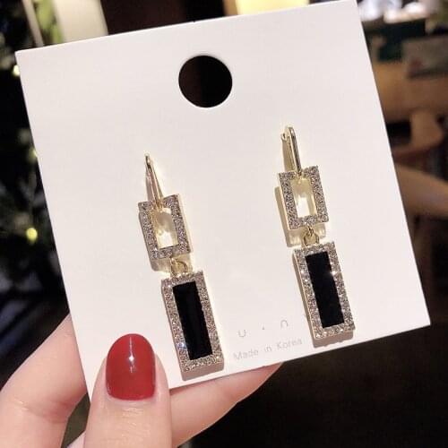 Korean Harajuku Temperamental Long Shining Rhinestone Eardrop Personality Geometry Square Semi-precious Stones Earrings