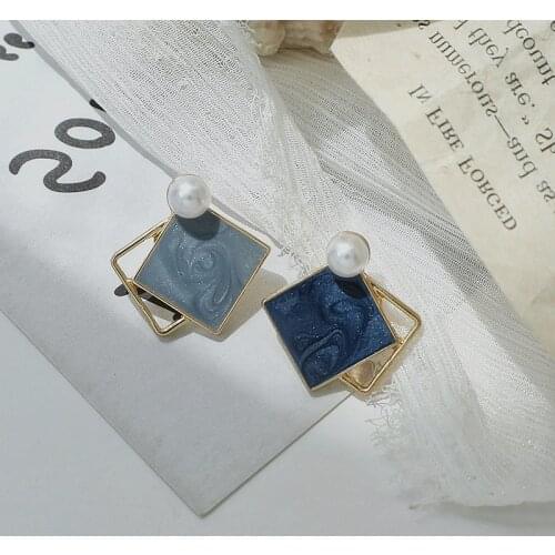 Korean Style Asymmetrical Blue Enemal Clip Earrings Temperament Simulated Pearl Blue Square Geometric Clip Earrings No Piercing