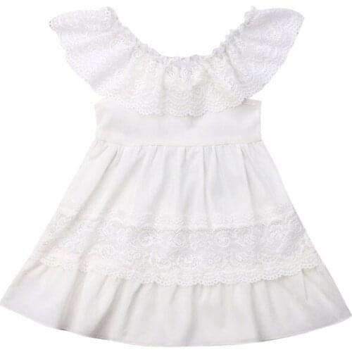 Toddler Baby Girl Summer Off-Shoulder Ruffle Lace Party Dress Casual Clothes White Beach Sundress