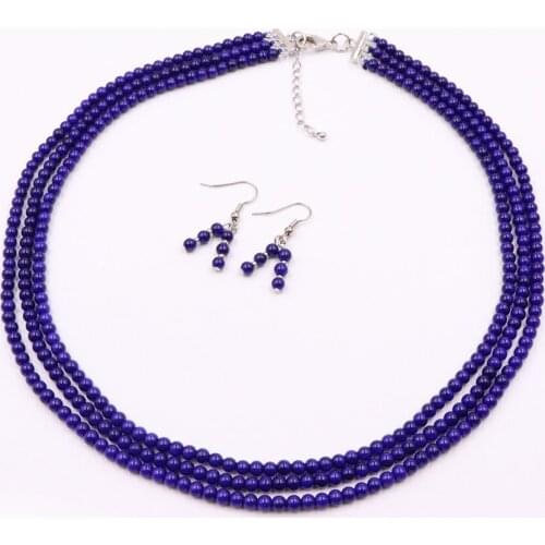 Fashion Statement Necklace Earrings Jewelry Set for Women 4mm Round Beads Blue Baking Paint Glass Lacquer Chain Choker Sets A598