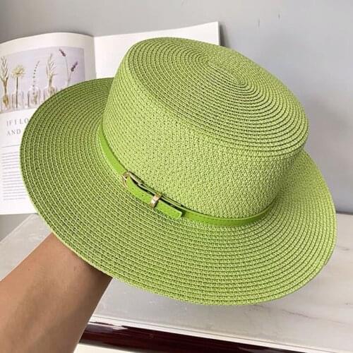 Fashion Custom Green Flat-top Paper Straw Hats For Women PU Belt Summer Beach Sunscreen Sun Hat Outdoor Casual Jazz Hat Chapeau