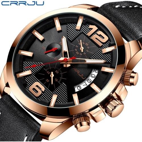 Mens Wristwatch CRRJU Fashion Casual Calendar Watches for Men Chronograph Waterproof Leather Strap Wristwatch Watch Relogio
