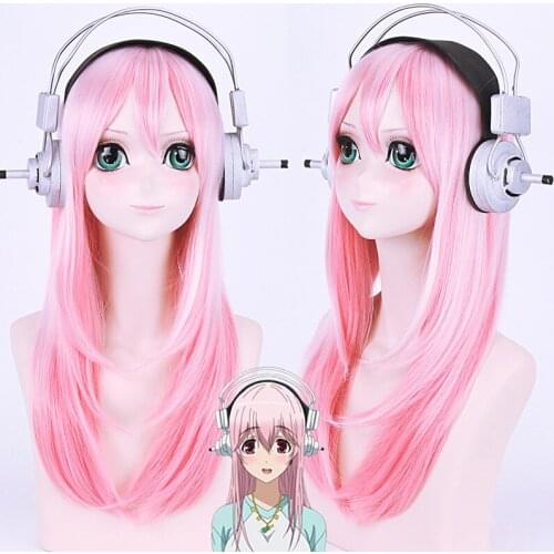 SuperSonico SONICO KENGO Cosplay Pink Gradient Color Wig Toy Headset 2PCS Set Woman Halloween Cosplay Headwear Set Carnival Cos