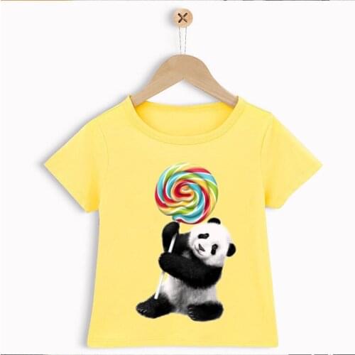 Newly boys t-shirt funny panda eating lollipop graphic print kids clothes summer toddler baby shirt cute yellow shortsleeve tops