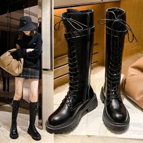New Boots Womens Autumn/Winter Knee-length Boots American British style Lace Up Thin Martin Boots Ins High Tube Knight Boots