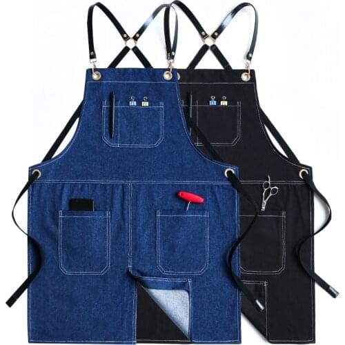 Solid Denim Cafe Shop House Cleaning Bibs Men Canvas Master Apron For Kitchen Accessories Cooking Baking Pocket Coffee Pinafore