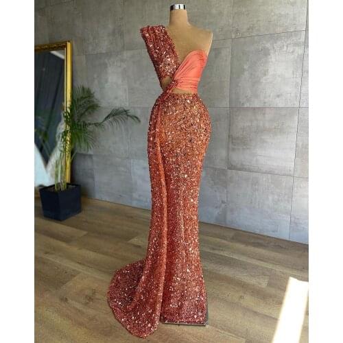 Mermaid One Shoulder Floor-Length Sequin Water Melon Celebrity Dresses With Crystal