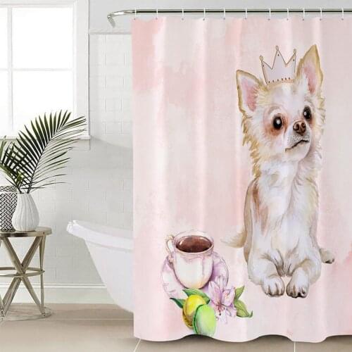 Dog Coffee Cup Watercolor Painting Shower Curtain Bathroom Decorative Waterproof Polyester Fabric Curtain for Bathroom