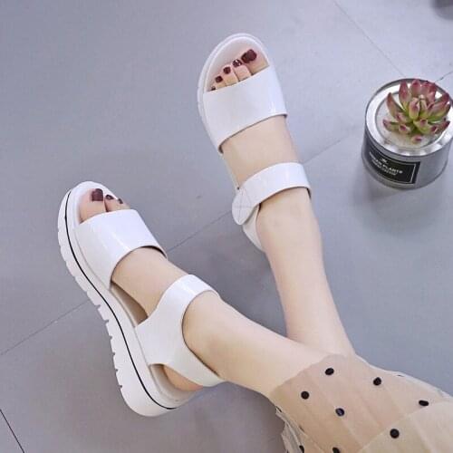 2020 New Summer Sandals Female Thick Bottom Wedges High Heels Flat Platform Shoes Woman Solid Leather Hook & Loop Women Shoes