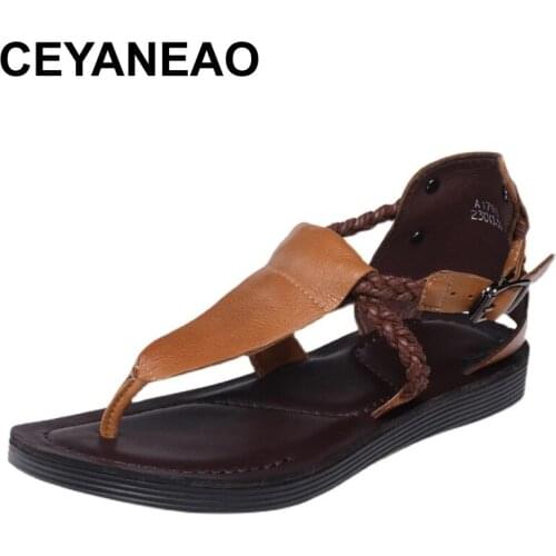 CEYANEAOWomen Flip Flops Leather Beach Slippers For Women Genuine Leather Summer Shoes Handmade Women Low Heels Beige Brand Shoe