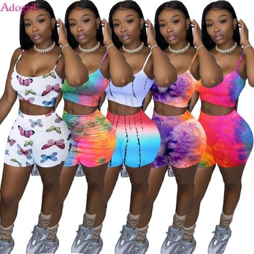 Adogirl Women Tie Dye Print Camisole Two Pieces Set Fashion Casual Sleeveless Crop Top Shorts Tracksuit Summer Fitness Outfits