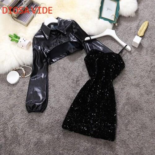 Stand-up collar puff sleeve short handsome little leather sequin suspender dress suit women 2020 autumn new style