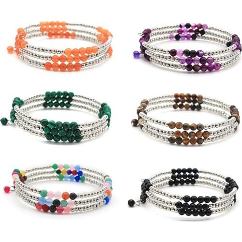 Fantastic Natural Stone Hand-made 3 Layers Silver Beads Wrap Bracelet 9 Colors Available Suitable for Female Daily Jewelry