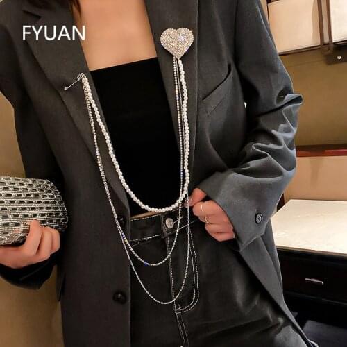 FYUAN Shiny Heart Rhinestone Brooch for Women Long Tassel Pearl Chain Paper Clip Statement Jewelry Accessories
