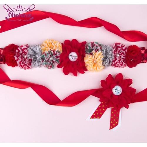 Lovely Print Ribbon Flower Brooch and Maternity Belts Set Fashion Wave Striped Floral Waistband DIY Bridesmaid Dress Decoration