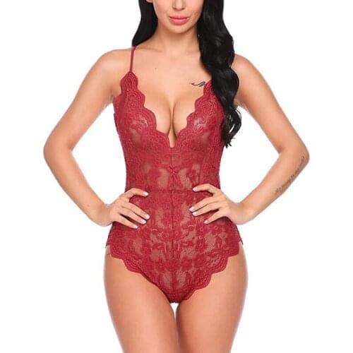Lace Bodysuits Lingerie Onesies Sleepwear Backless Jumpsuit Overalls V-neck Babydall Underwear Porno See-though Nightgwear
