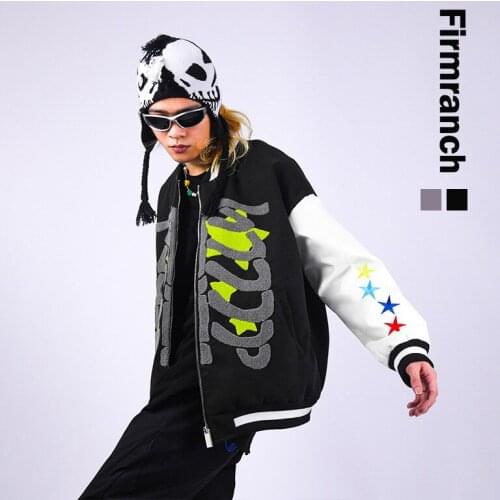 Firmranch New Fashion American Casual Baseball Coat Suede Skeleton Colorful Stars Embroidered Autumn/Winter Jacket For Men/Women