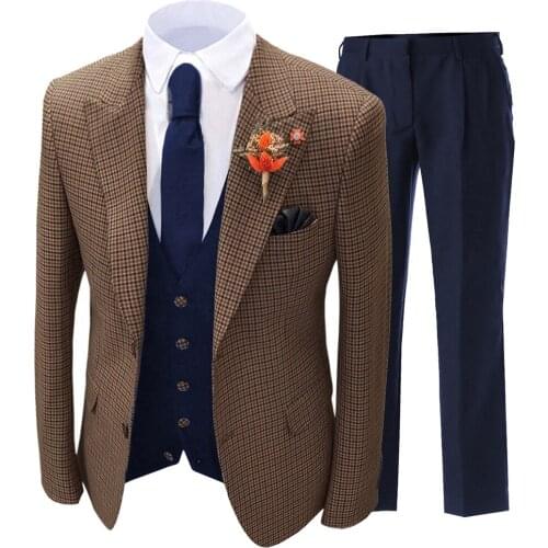 Brown Formal Mens Suits Regular Fit Plaid Wool Tweed Prom Tuxedos 3 Piece Solid Suit For Wedding Grooms (Blazer+Vest+Pants)