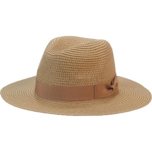 Hats for women solid camel ribbon bowknot beach hat straw sun protection church wedding decorate hats for men gorras para mujer