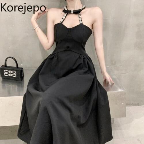 Korejepo Women Dress 2021 Summer French Sexy Temperament A-Line Hepburn Style High-End Diamond Tube Top Strap Black Vestidos