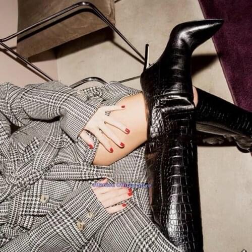 CROCO Printed Pattern Thin High Heel Knee High Boots Woman Solid Color Winter Pointed Toe Heeled Shoes Long Slouch Bota