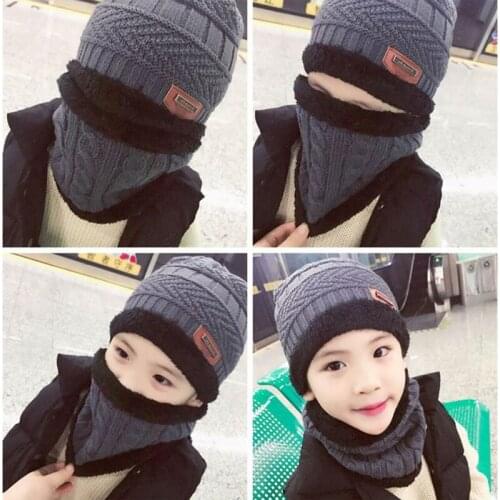 Childrens winter knit hats Skullies Beanies round scarf with thick wool lining boys outdoor thermal fleece balaclava caps bone