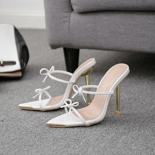Female Shoes Pointed Toe Slippers Soft Rivet Women Heels Slides Butterfly-Knot 2021 Comfort High Rome PU Butterfly-knot Sexy Rub