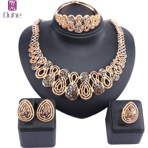 Bridal Dubai Gold Color Jewelry Sets For Women Fashion Pendant Necklace Earrings Ring Bangle African Wedding Jewelry Set