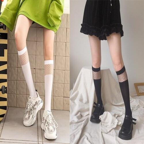 Japanese Lolita Thin Section Maiden Calf Socks Trend Solid Color Diablo Over The Knee Splicing Fishing Net Long Tube Socks