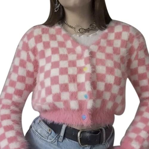 Women Knit Crop Tops, Fuzzy Long Sleeve V Neck Checkerboard Print Button Down T-Shirts Spring Autumn