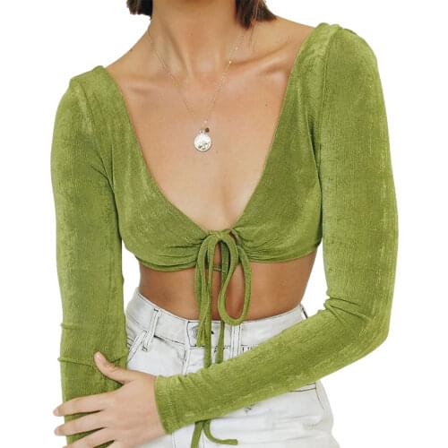 2021 Fashion Sexy Lace Up Crop Top Women Long Sleeve V Neck Solid Slim Fit T-Shirt Spring Autumn Casual Tee Casual Short Tops