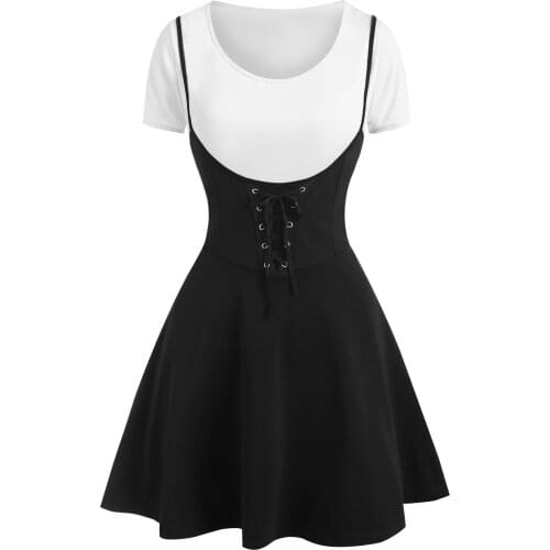Wipalo Gothic Casual Women Dress Plus Size Two Tone Lace Up Two Piece Suspender Skirt Set Short Sleeves A Line Dress Vestidos
